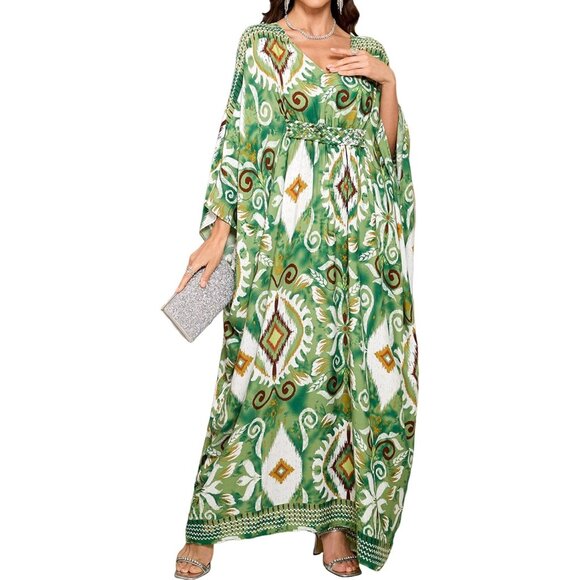 Dresses & Skirts - Women's 1 Green 100% Polyester V Neck Summer Beach Dresses Cover Ups Caftan Maxi